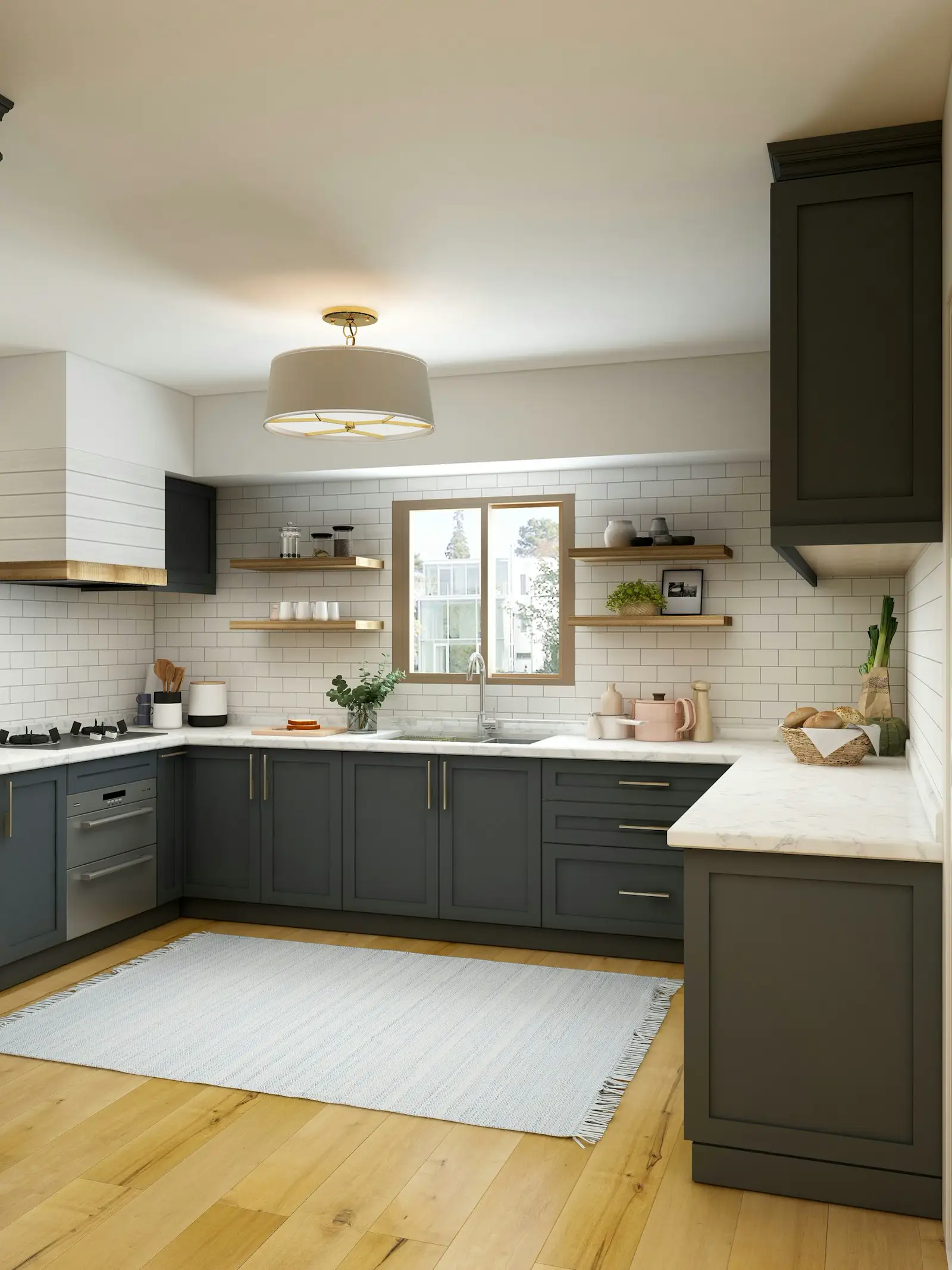 Dark gray cabinets, marble counters, and subway tile. Shown on the homepage for Wheaton, IL.
